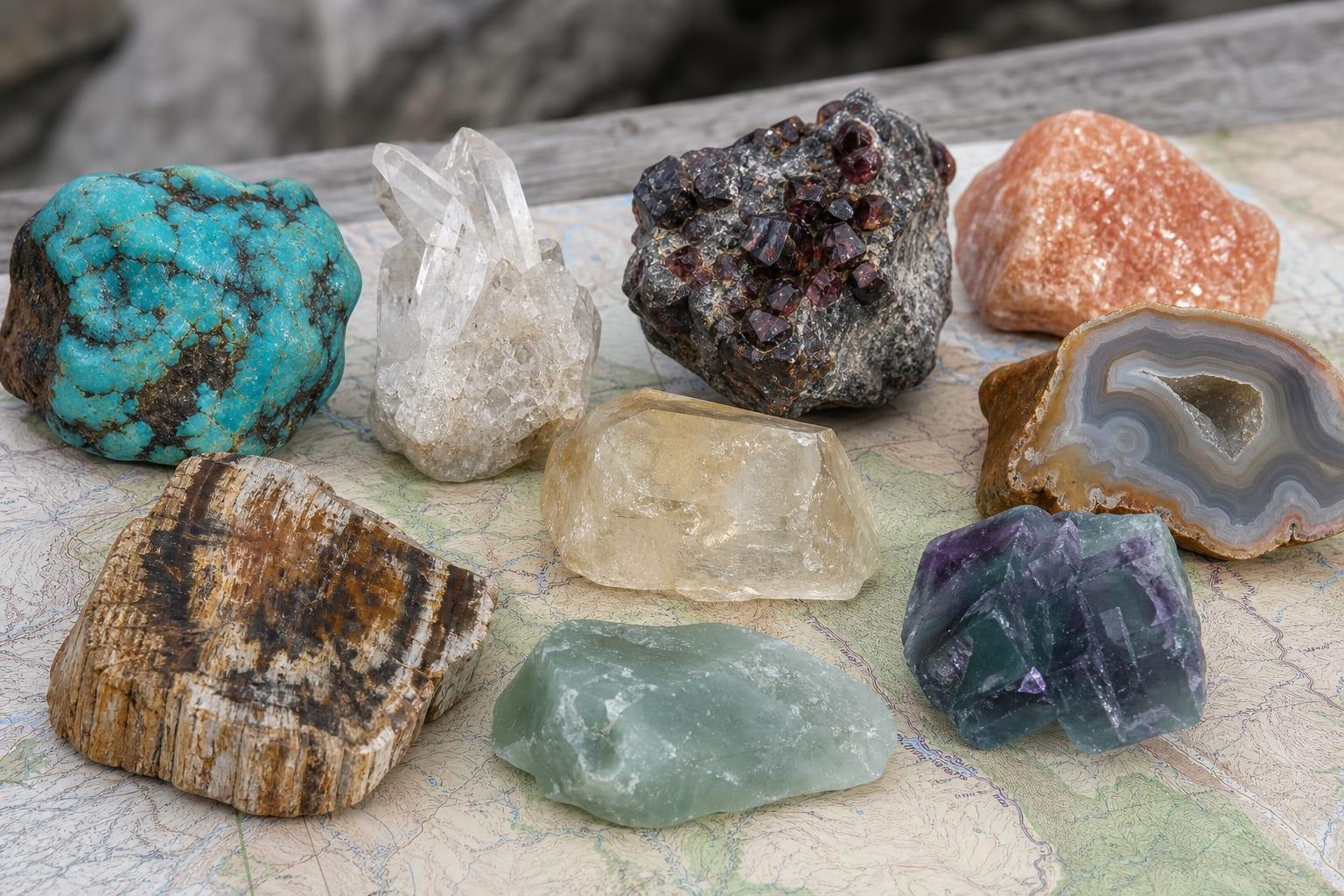 Assorted U.S. state gemstone specimens arranged on a neutral field table