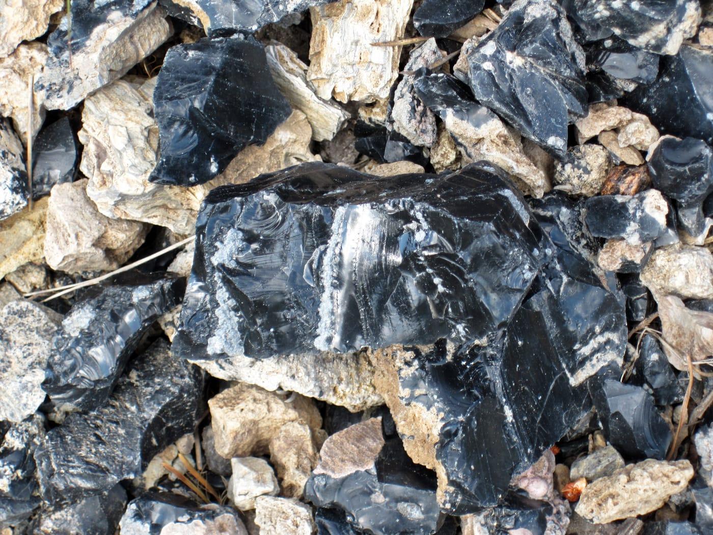 Obsidian & devitrified obsidian gravel (Obsidian Cliff, Yellowstone, Wyoming, USA) 4 at Jemez National Recreation Area, Sandoval County, New Mexico