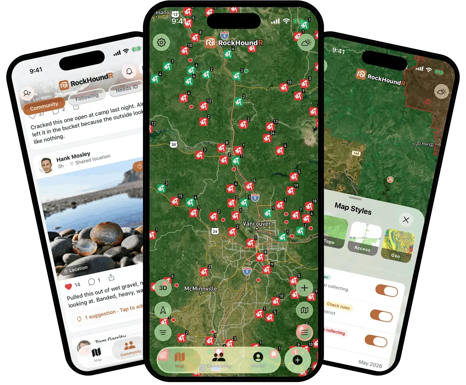 RockHoundR app screens: a rockhounding map with nearby spots, a spot detail view with geology and land status, and a community feed of shared finds