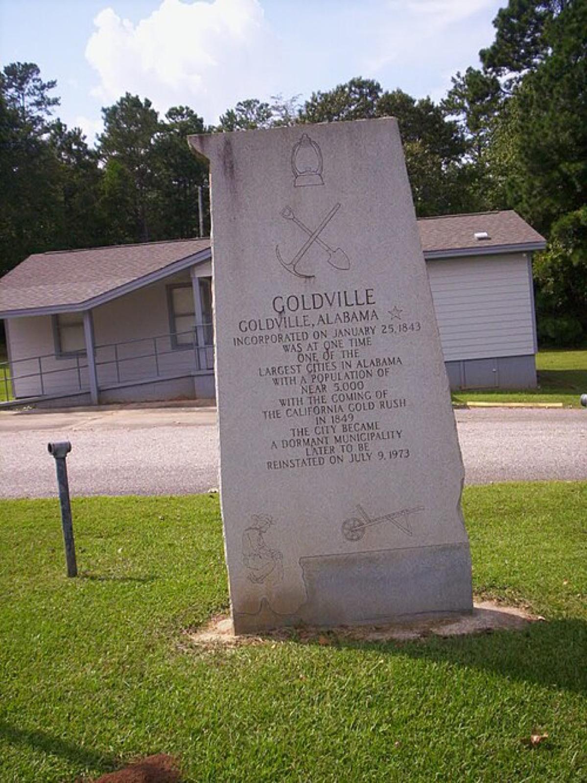Goldville historical marker commemorating the 1840s gold rush in Alabama's gold belt, near the Hog Mountain mine, Tallapoosa County, Alabama