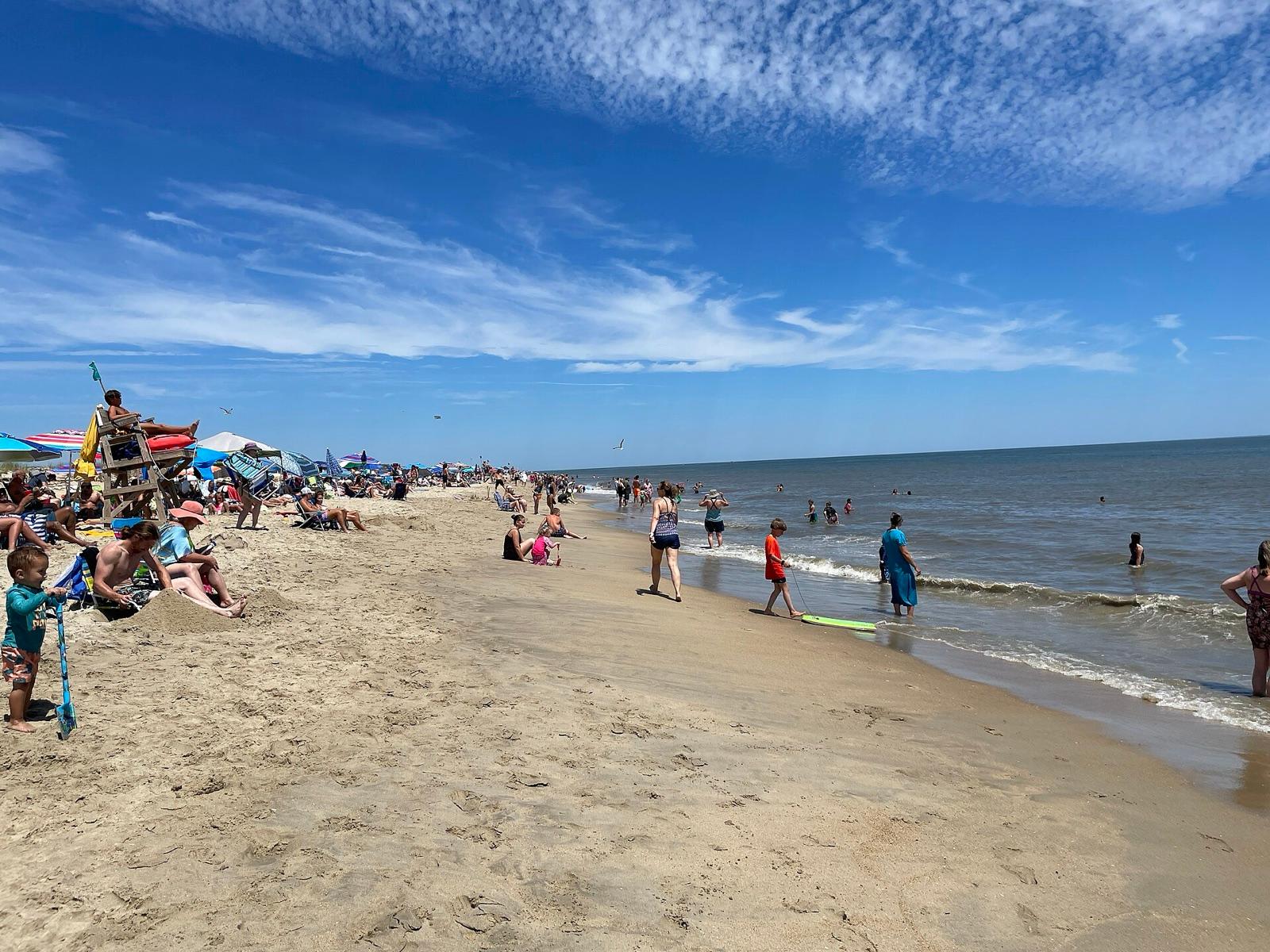The wide public beach at Cape Henlopen State Park, Sussex County, Delaware, looking north, where water-clear quartz Cape Henlopen diamonds collect in the pebble lines.