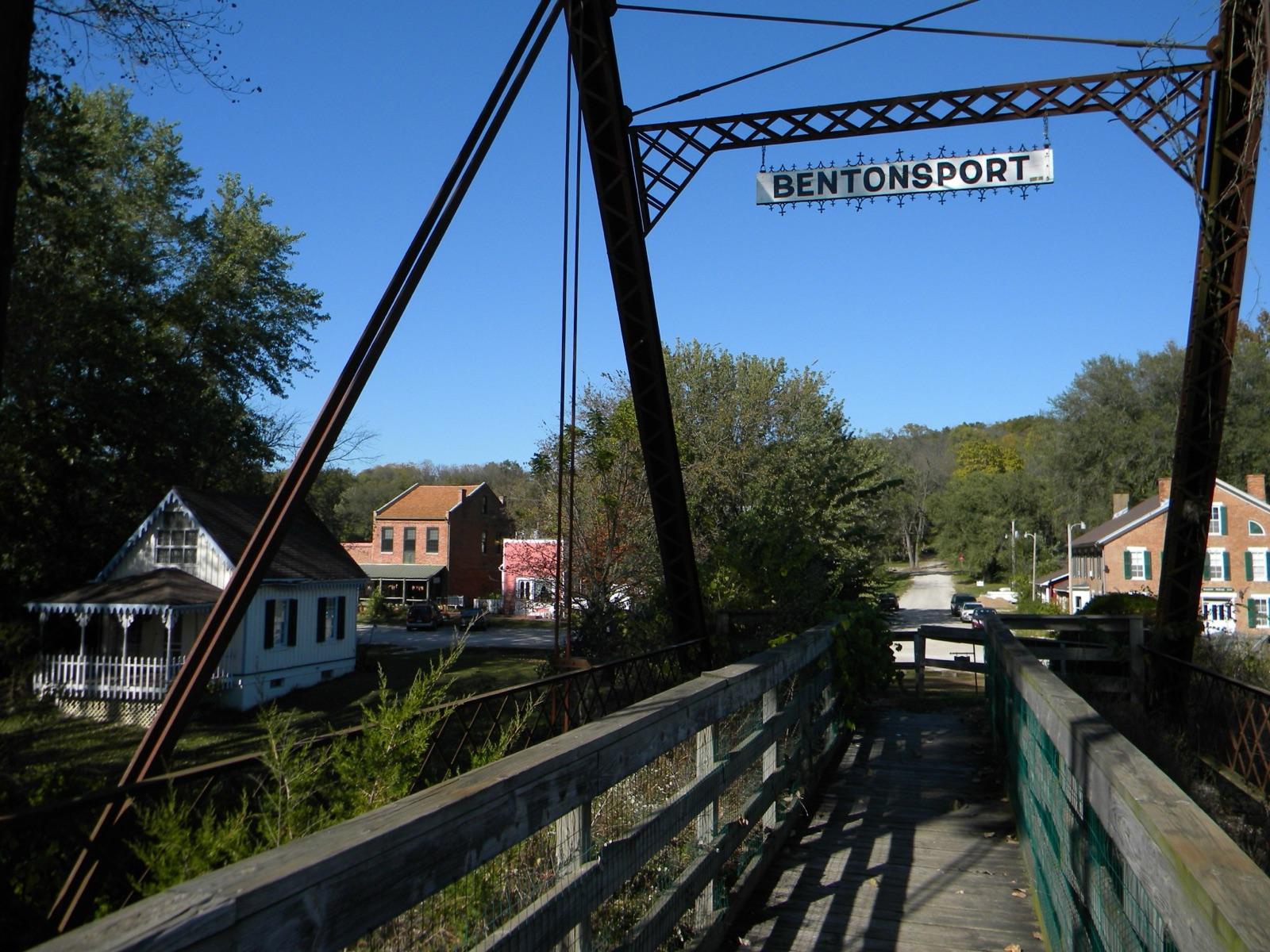 The iron bridge and historic village of Bentonsport on the Des Moines River, Van Buren County, Iowa