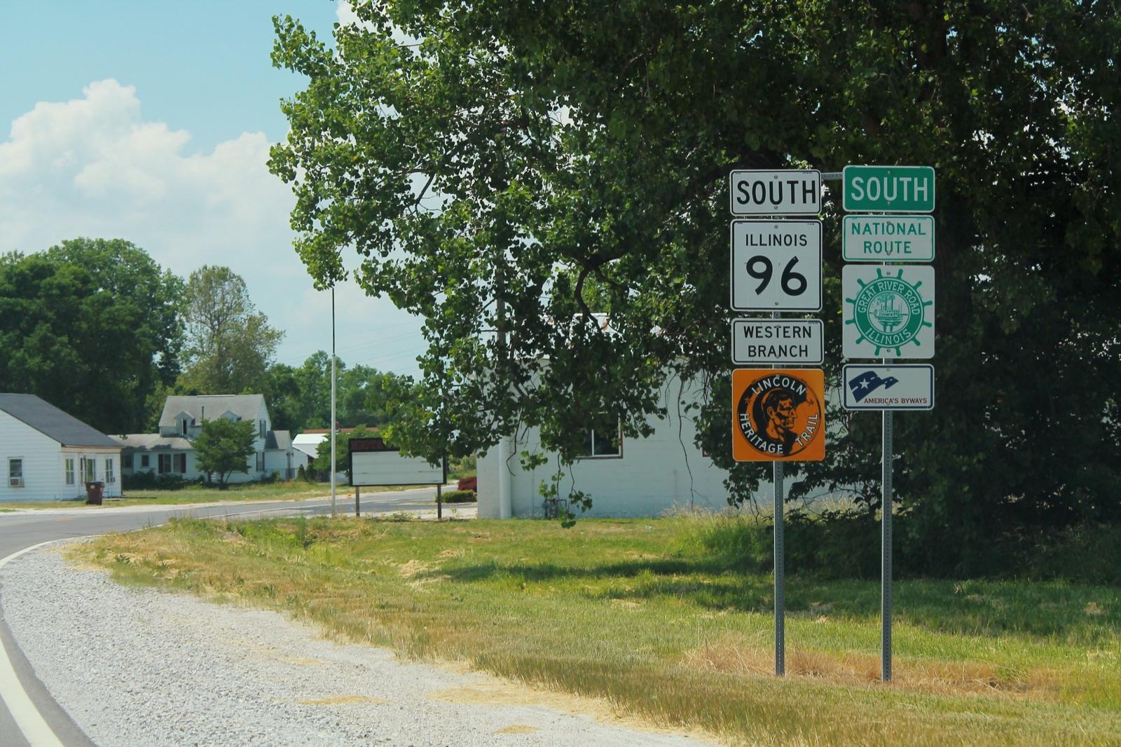 Illinois Route 96 and the Great River Road at Niota, Hancock County, Illinois, in the Keokuk geode country