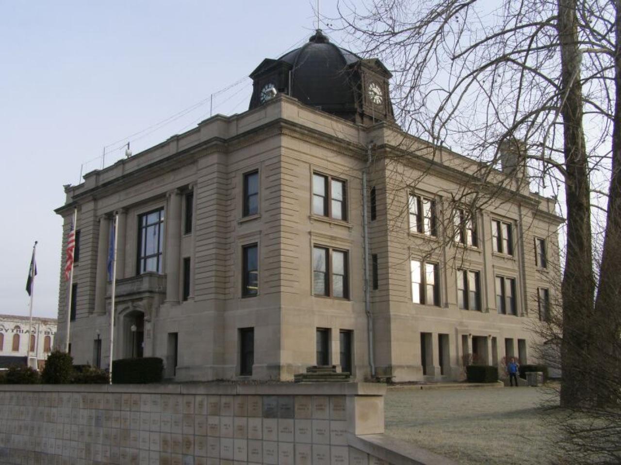 The Owen County Courthouse in Spencer, Indiana, the seat on the West Fork of the White River.