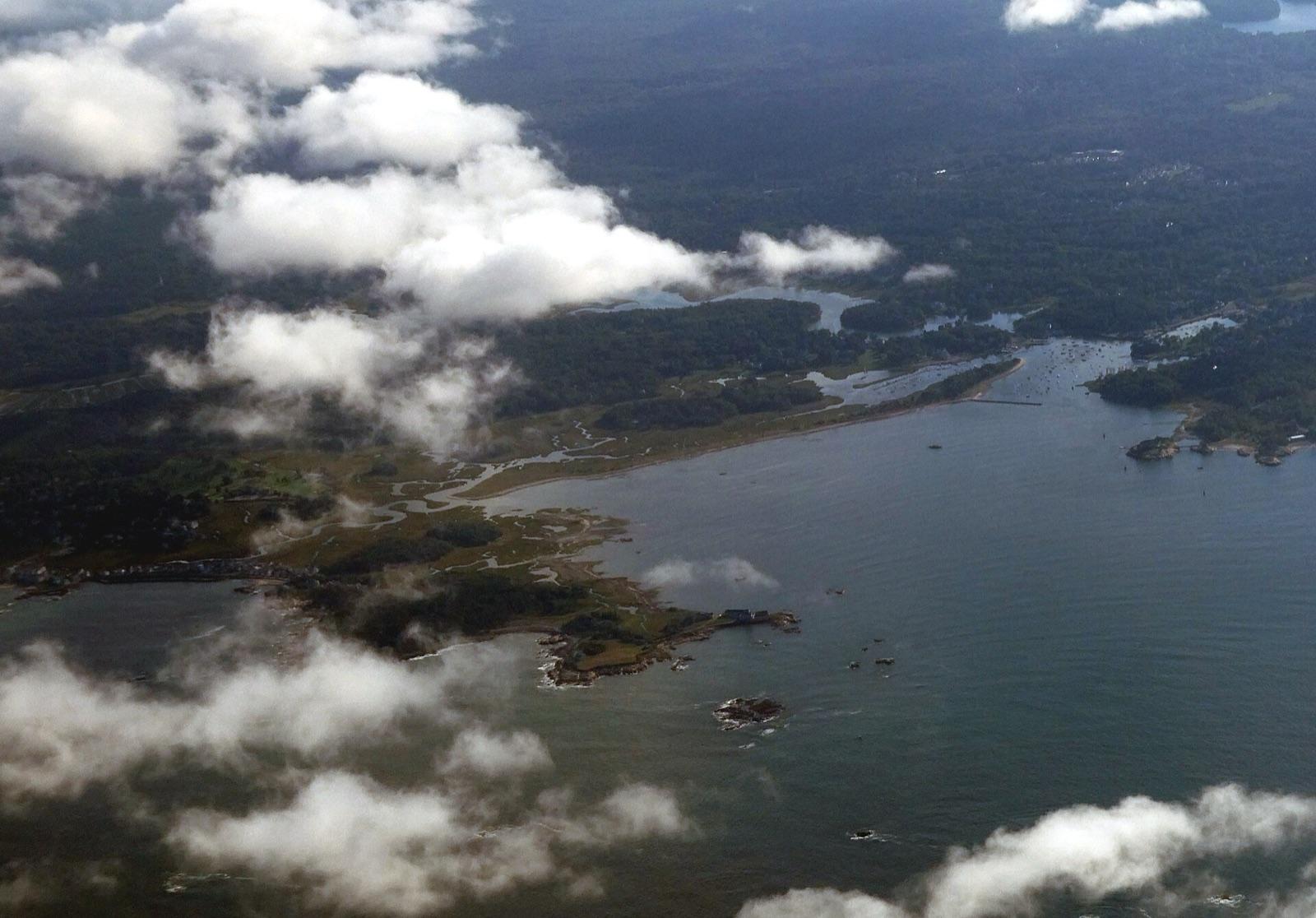 Aerial view of the rocky Cohasset shoreline and harbor, Norfolk County, Massachusetts