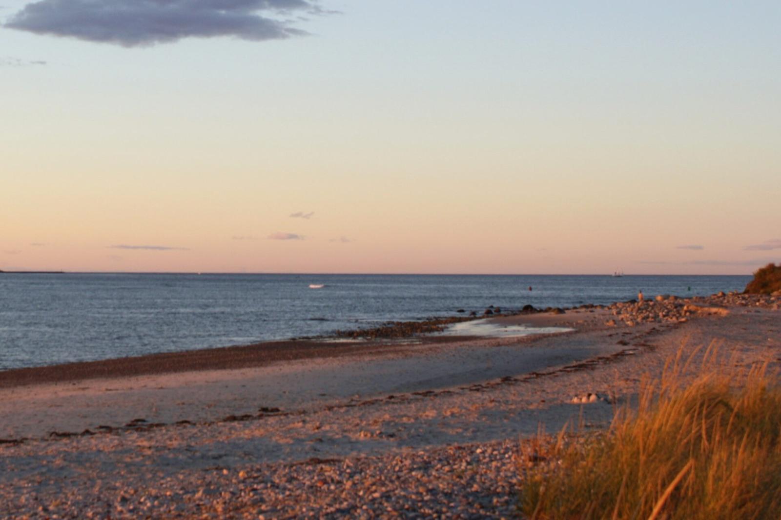 Cobble and sand beach at sunset along the Marshfield shoreline near Fourth Cliff, Plymouth County, Massachusetts