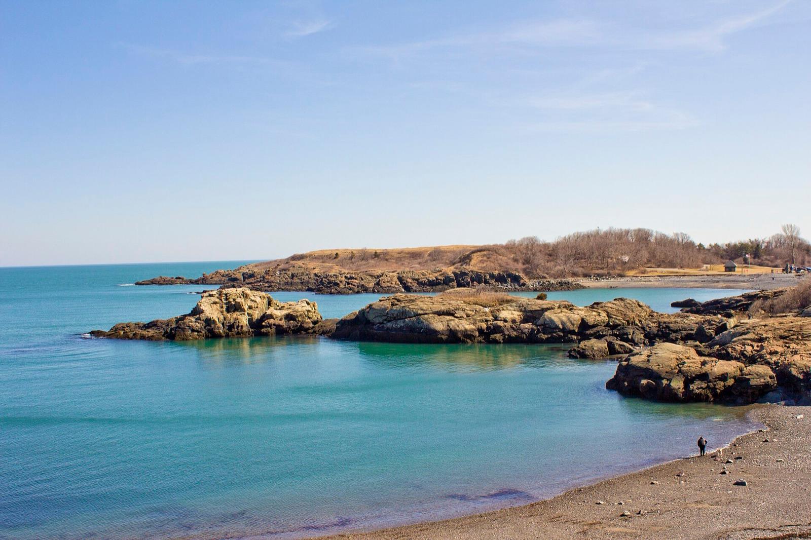 The rocky gabbro shoreline and cobble beach at Forty Steps, Nahant, Essex County, Massachusetts