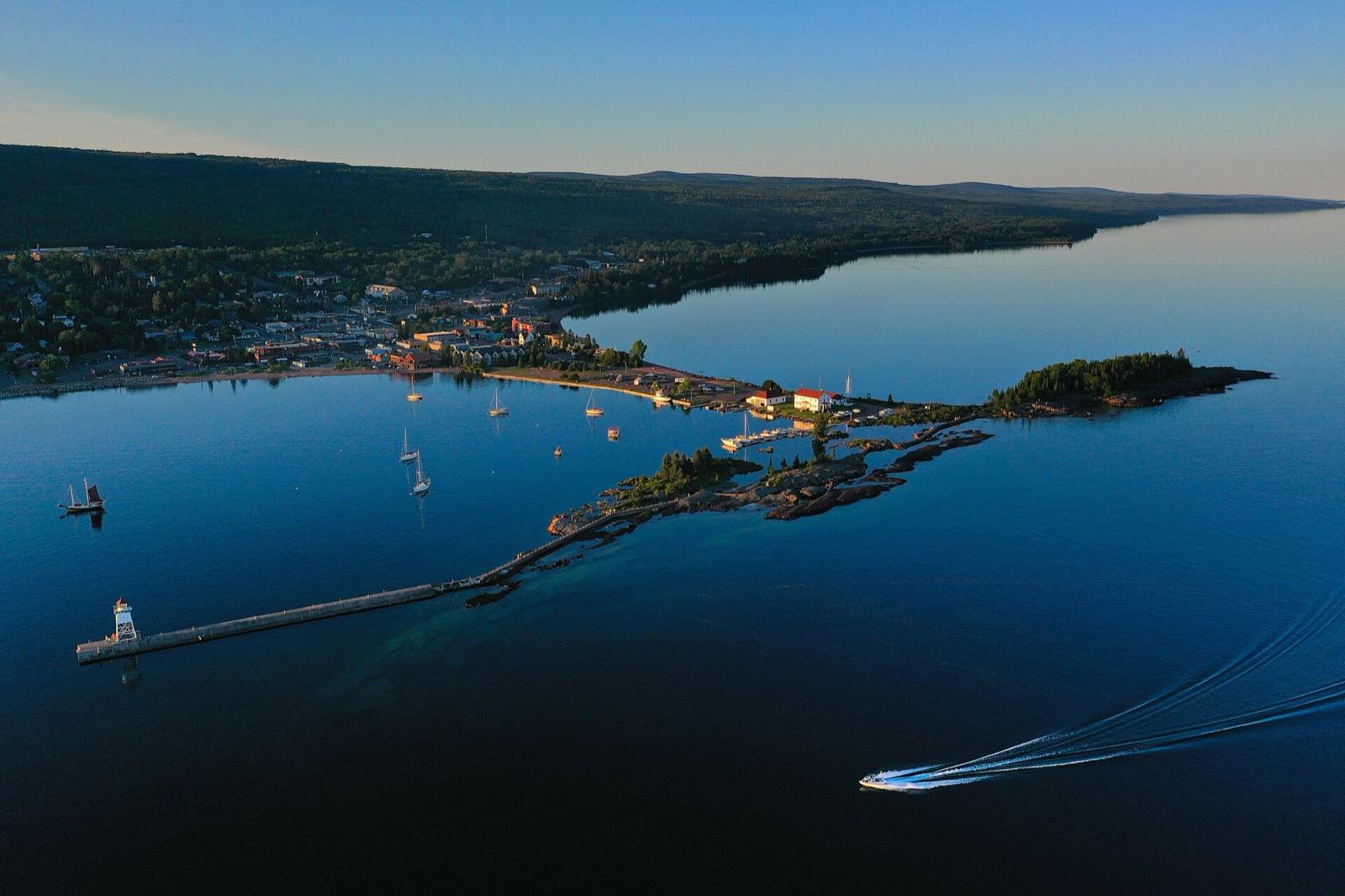Grand Marais harbor, lighthouse, and Artists Point on Lake Superior, Cook County, Minnesota