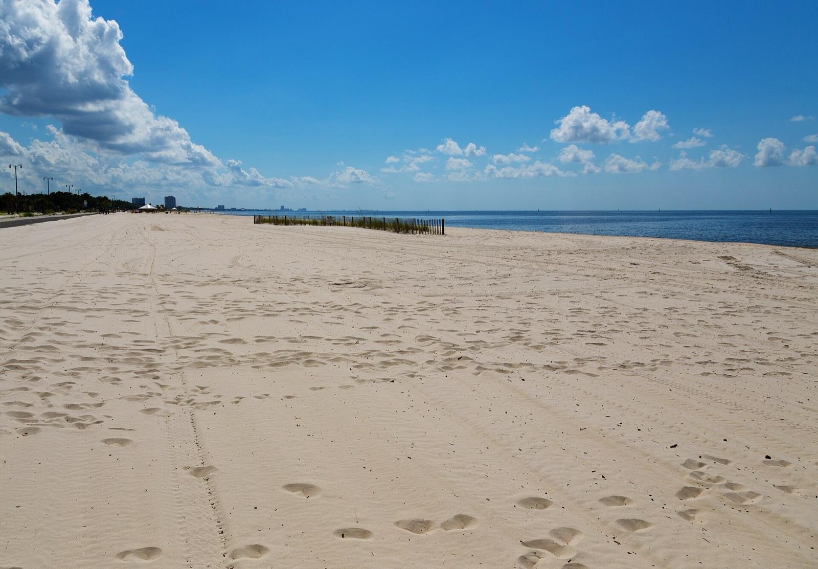 The Gulf Coast sand beach along the Mississippi Sound at Gulfport, Harrison County, Mississippi