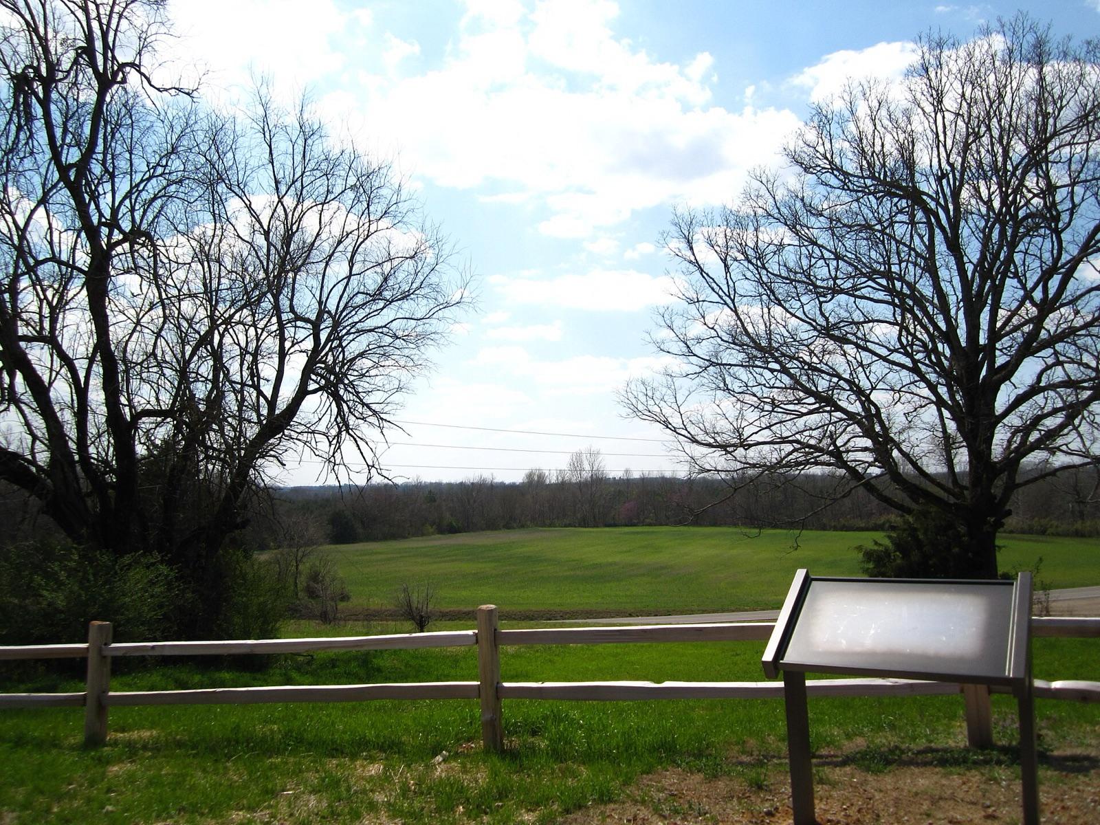 Rolling farm country at the Brice's Crossroads scenic overlook near Baldwyn, Prentiss County, Mississippi; the W.M. Browning Cretaceous Fossil Park lies on nearby Twenty Mile Creek