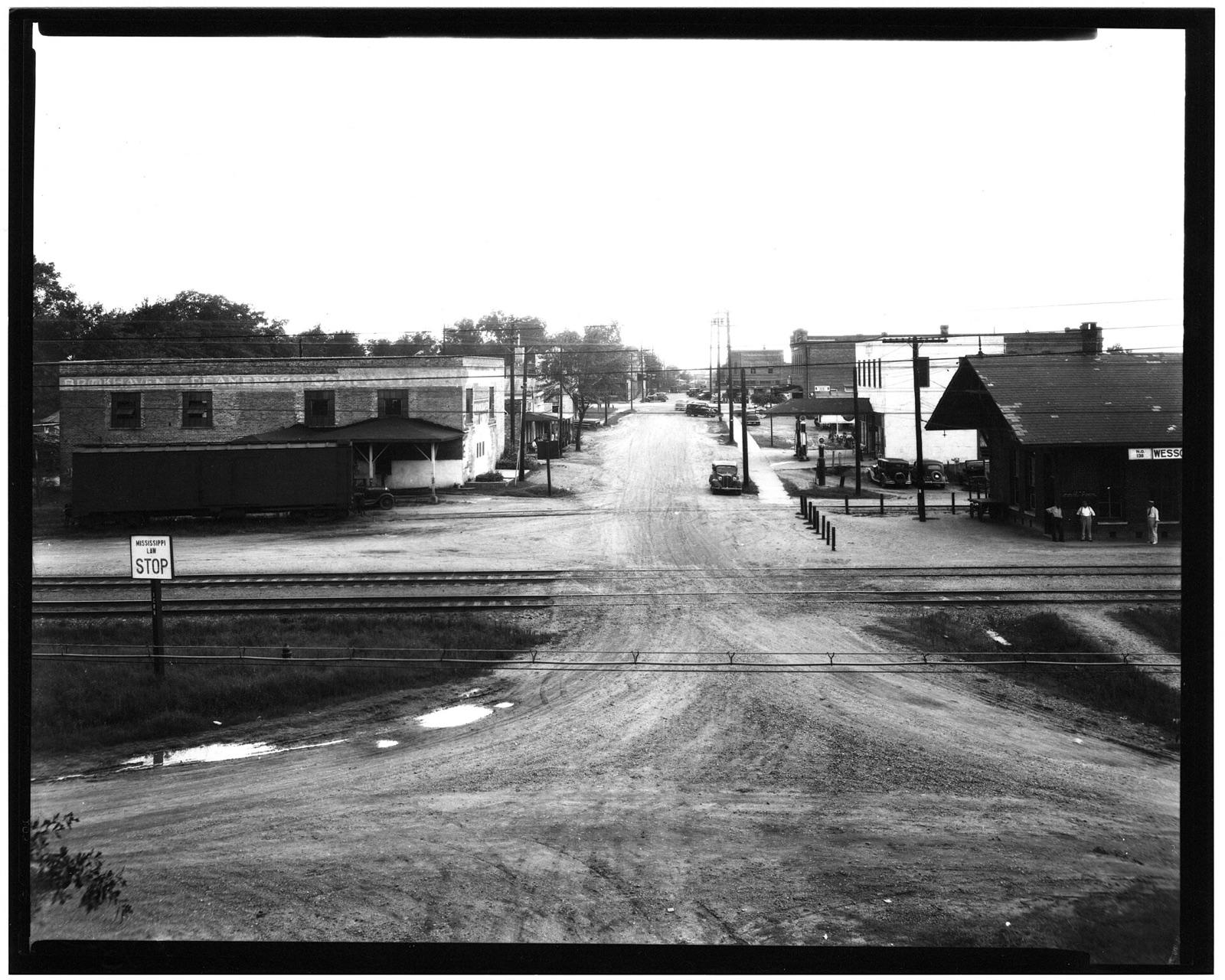 Historic view of downtown Wesson, Copiah County, Mississippi, at the railroad crossing