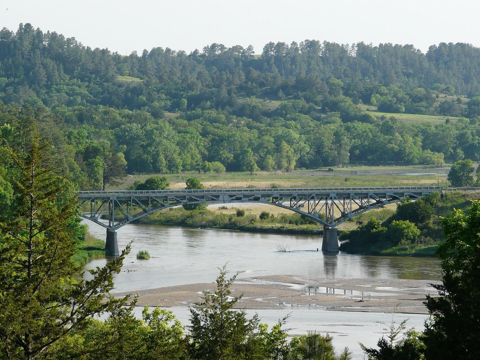 The Bryan Bridge over the Niobrara River, with exposed gravel bars, south of Valentine, Cherry County, Nebraska