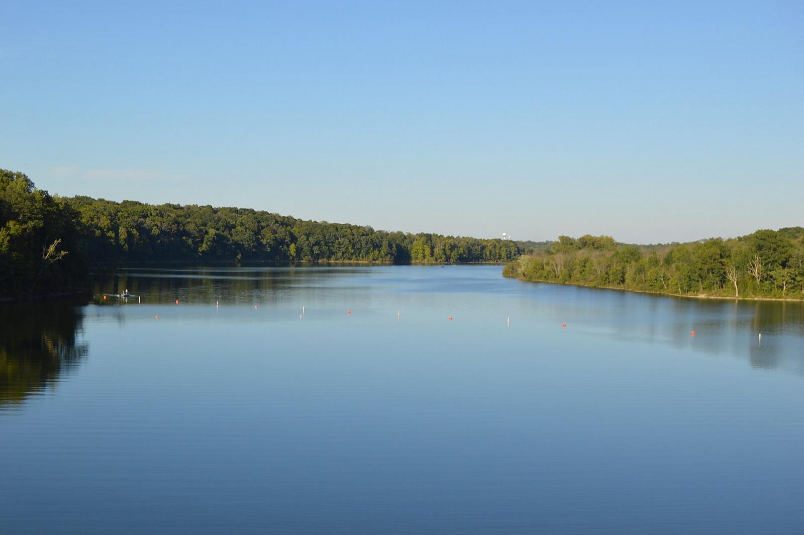 Caesar Creek Lake seen from the fossil-bearing emergency spillway near Waynesville, Warren County, Ohio