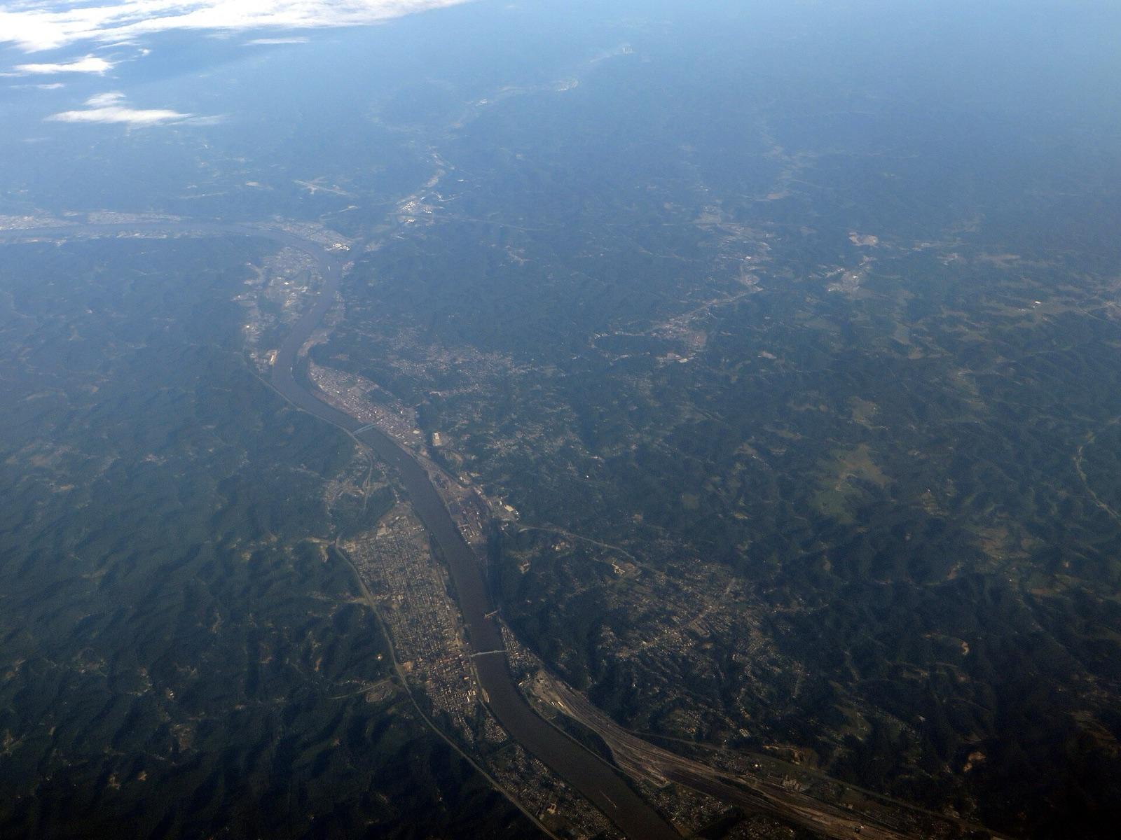Aerial view of the Ohio River at Ironton, Lawrence County, Ohio, whose gravel bars yield flint, chert, and jasper