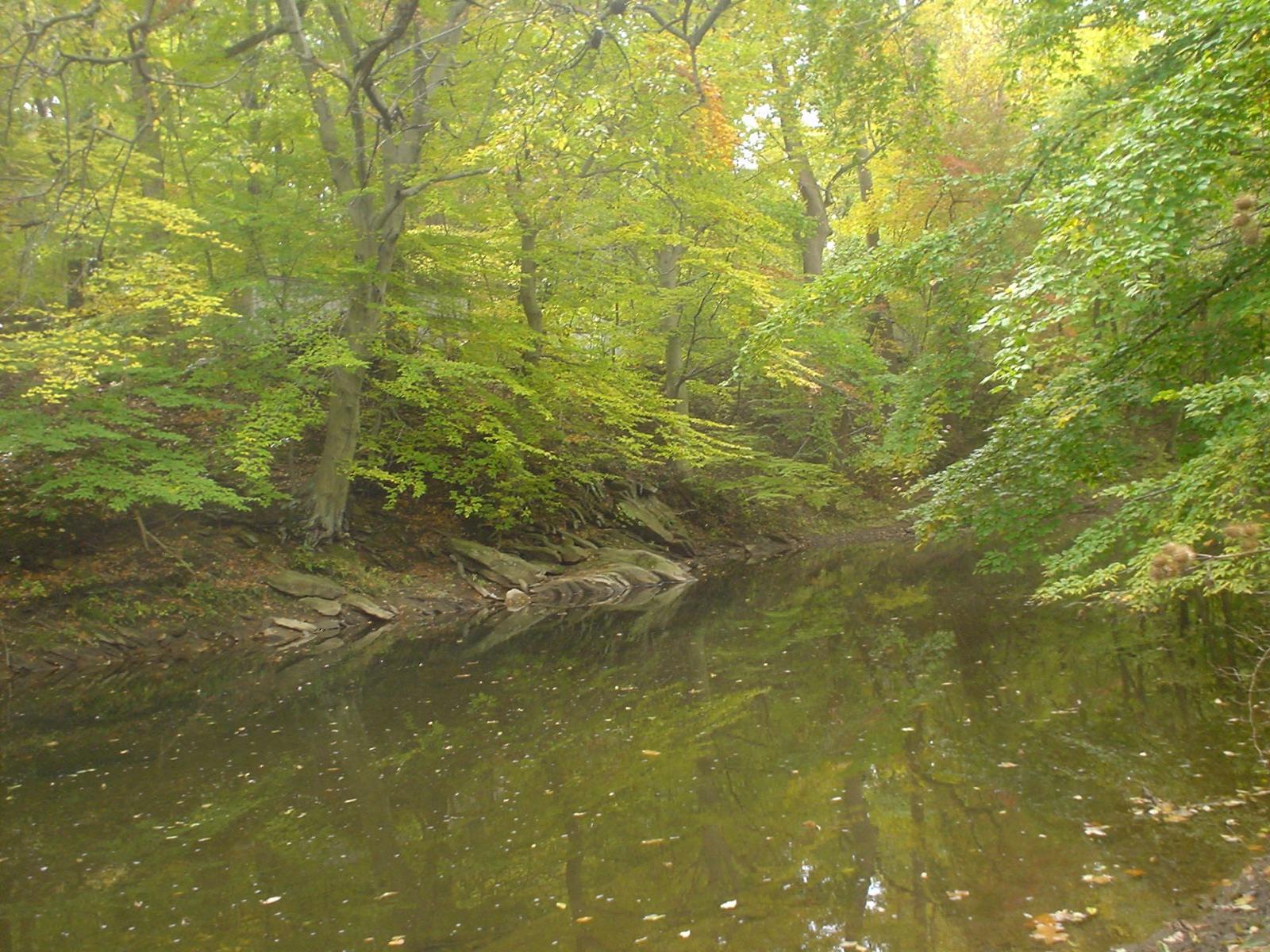Chester Creek with rock ledges along its banks at Upland, Delaware County, Pennsylvania