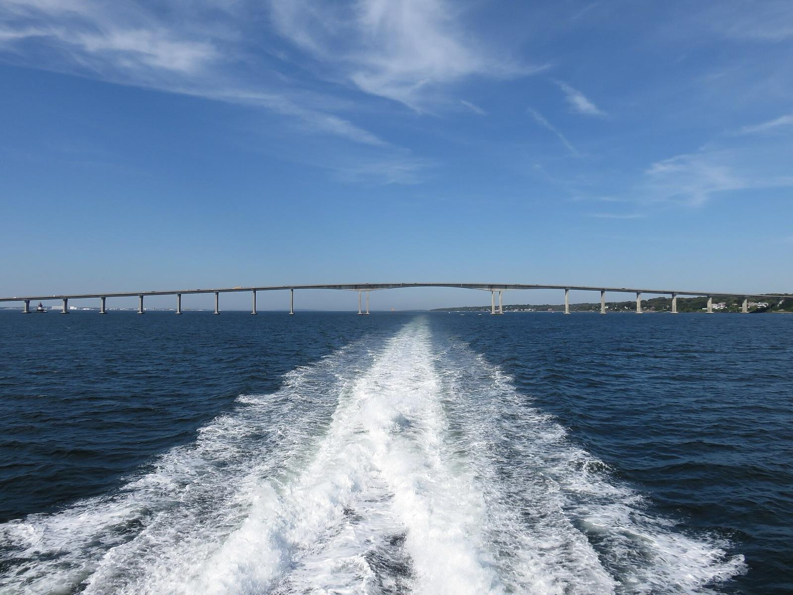 The Jamestown Verrazzano Bridge crossing Narragansett Bay to Conanicut Island, Rhode Island, where staurolite and serpentine weather from the shore ledges.