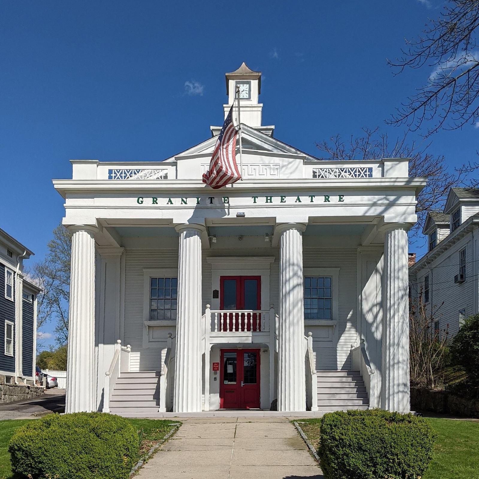 The Granite Theatre in Westerly, Rhode Island, a landmark built of the famous Westerly granite whose pegmatites carry beryl and smoky quartz.
