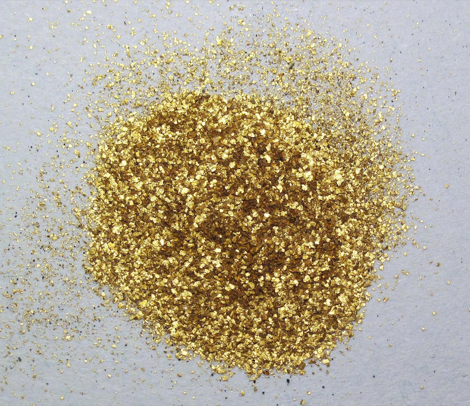 Representative specimen of placer gold flakes, like the gold panned from Byrd Creek