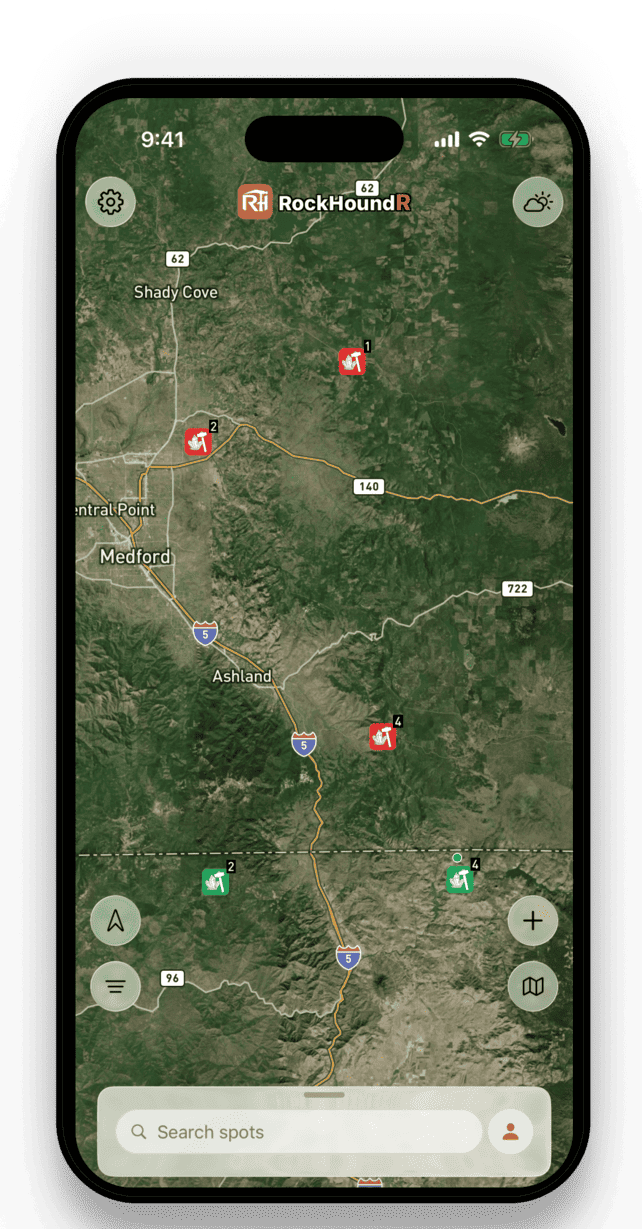 RockHoundR map showing rockhounding spots near the user