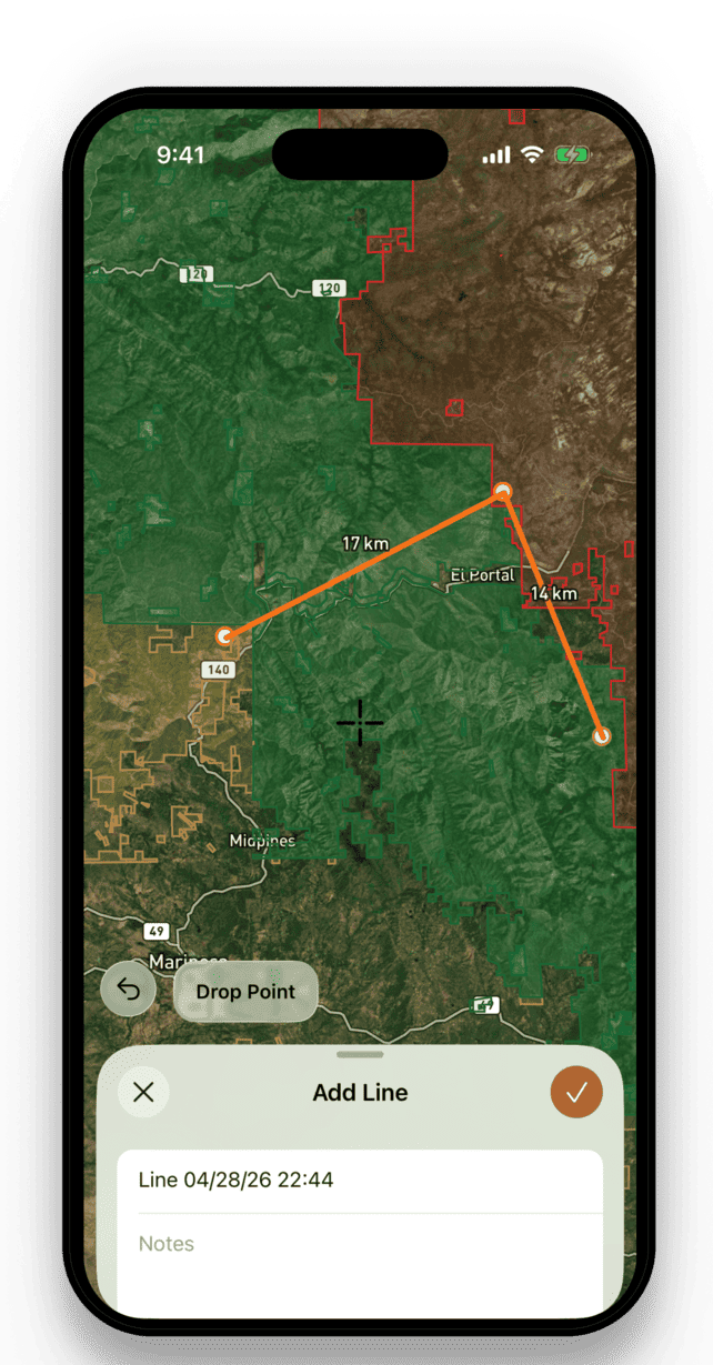 RockHoundR trail drawing tool with measured lines on the map