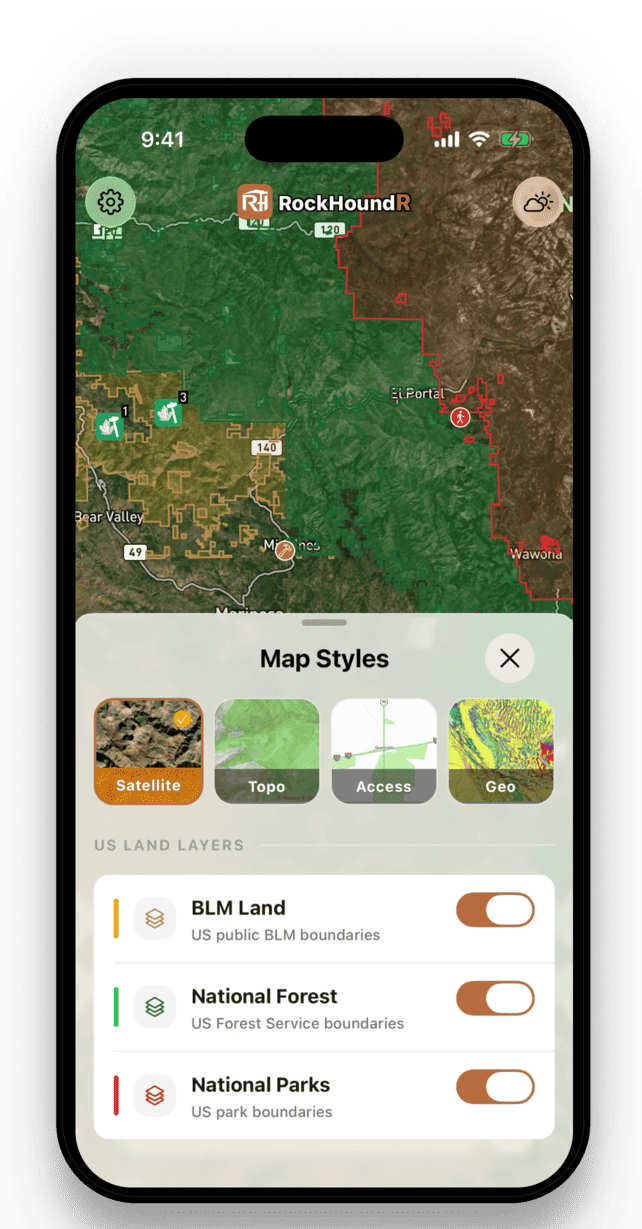 RockHoundR land access overlay showing public and federal land