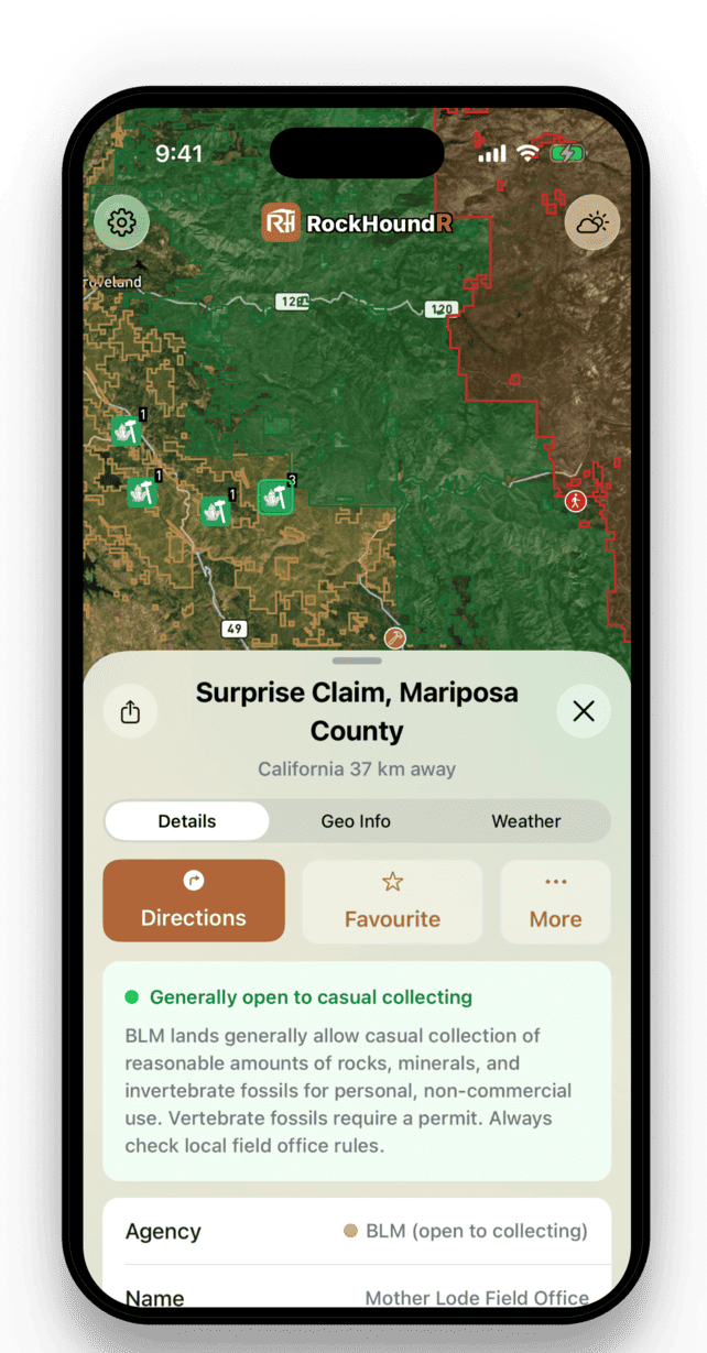 RockHoundR spot detail screen with geology, land status, and weather