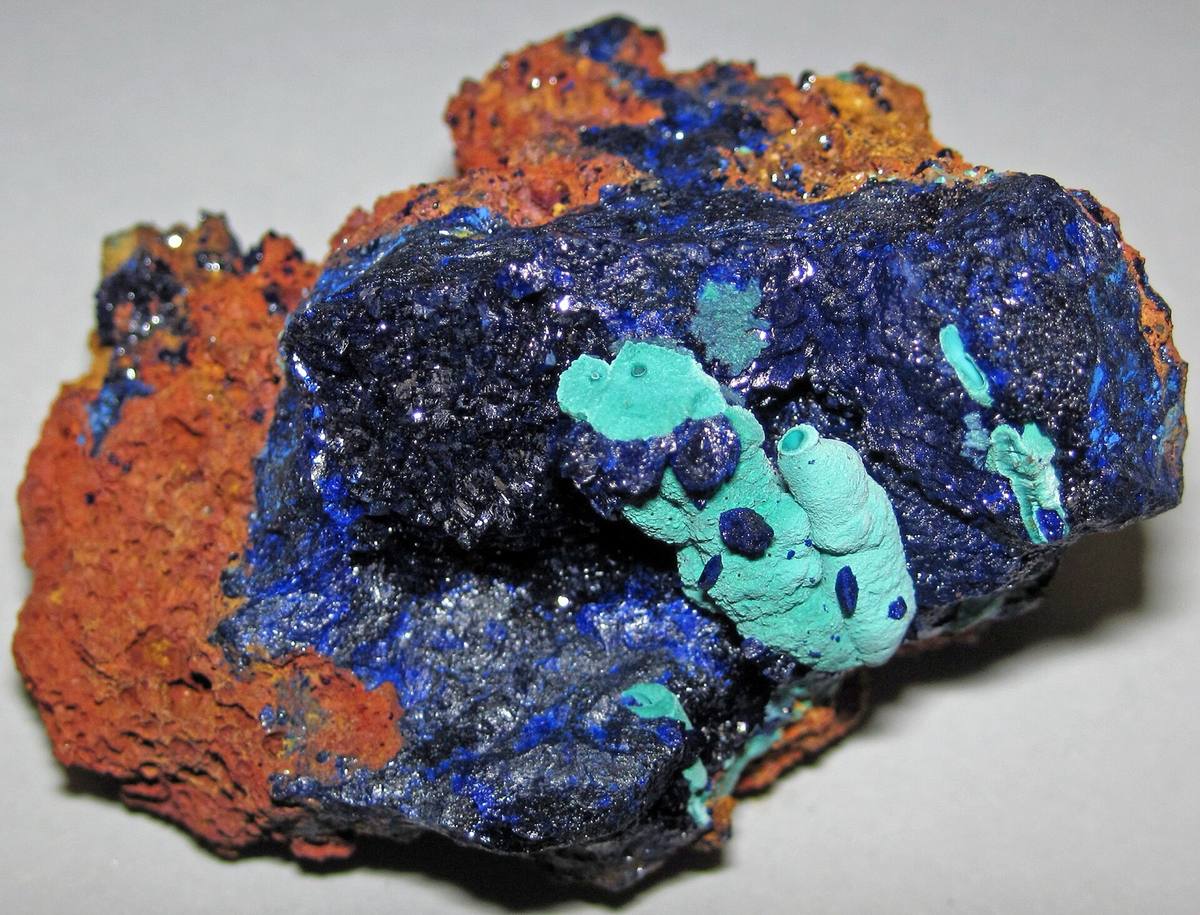 Azurite on iron gossan with green malachite, Morenci, Arizona