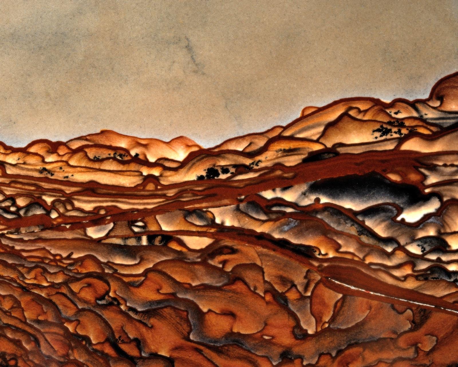 Polished Biggs jasper with layered brown and cream bands forming a canyon-like scene