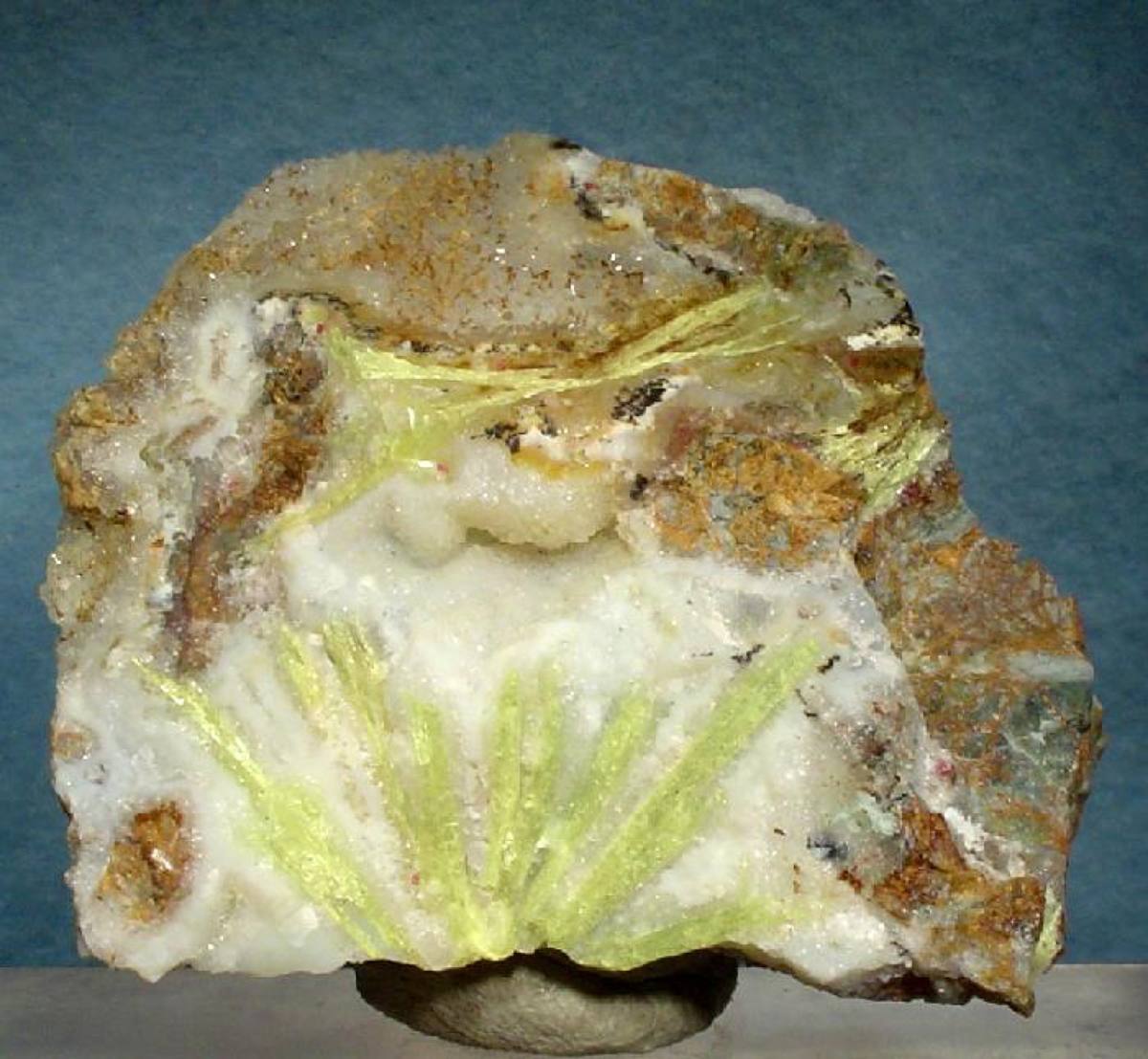 Yellow acicular carpathite spray in matrix