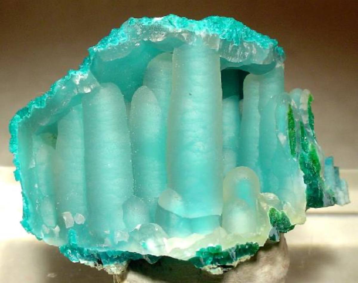 Pale blue stalactitic chrysocolla under drusy quartz, Ray Mine, Arizona