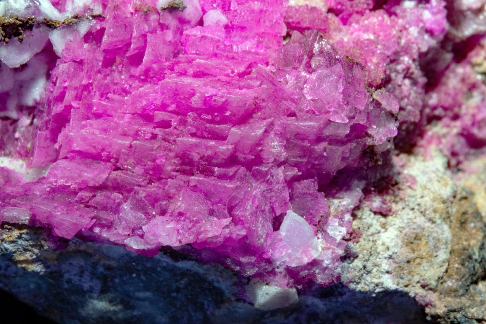 Bright magenta cobaltoan calcite crystals on matrix, Bou Azzer, Morocco