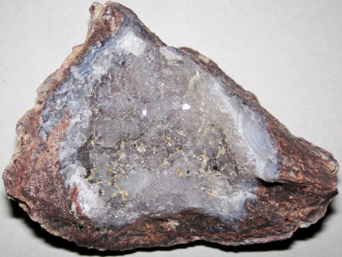 Quartz geode split to show the crystal-lined cavity