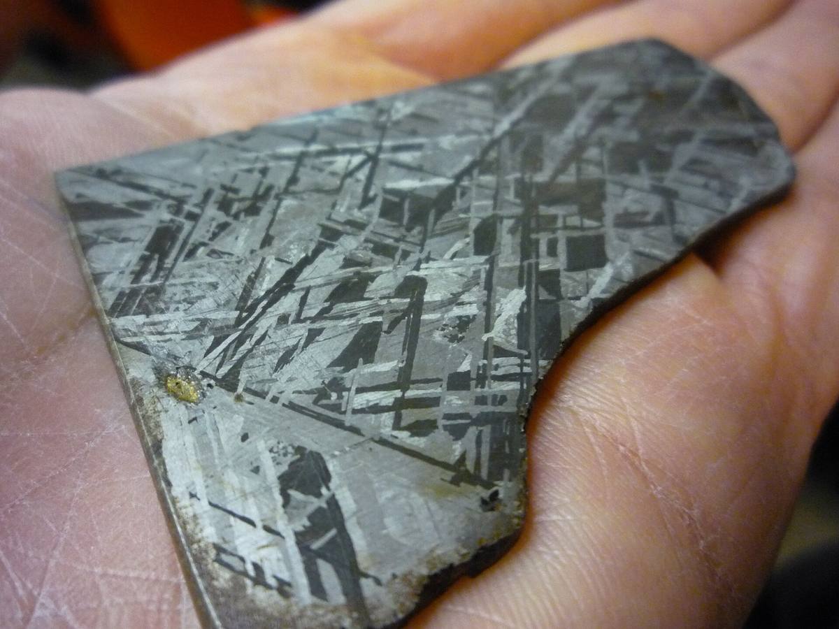 Etched iron meteorite slice showing kamacite Widmanstätten lamellae
