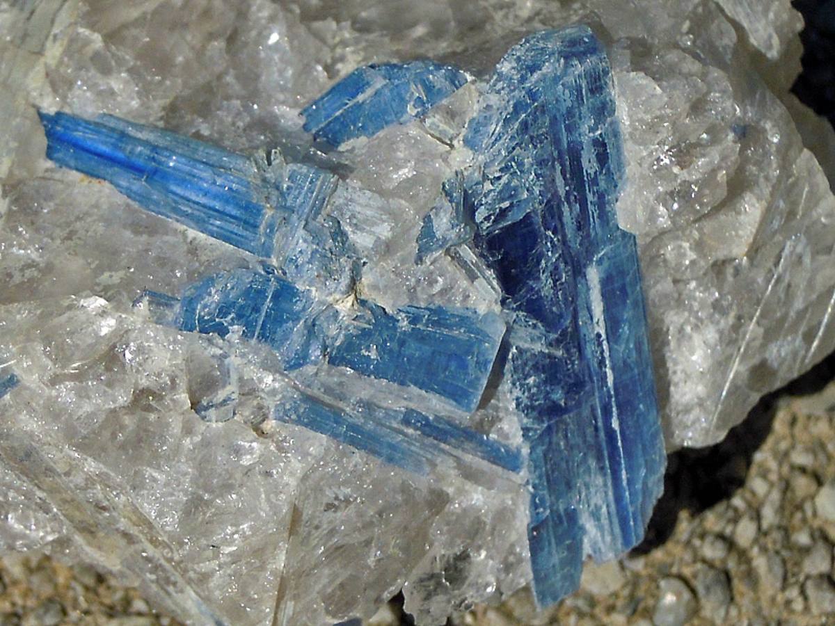 Blue kyanite blades in white quartz as found, western North Carolina