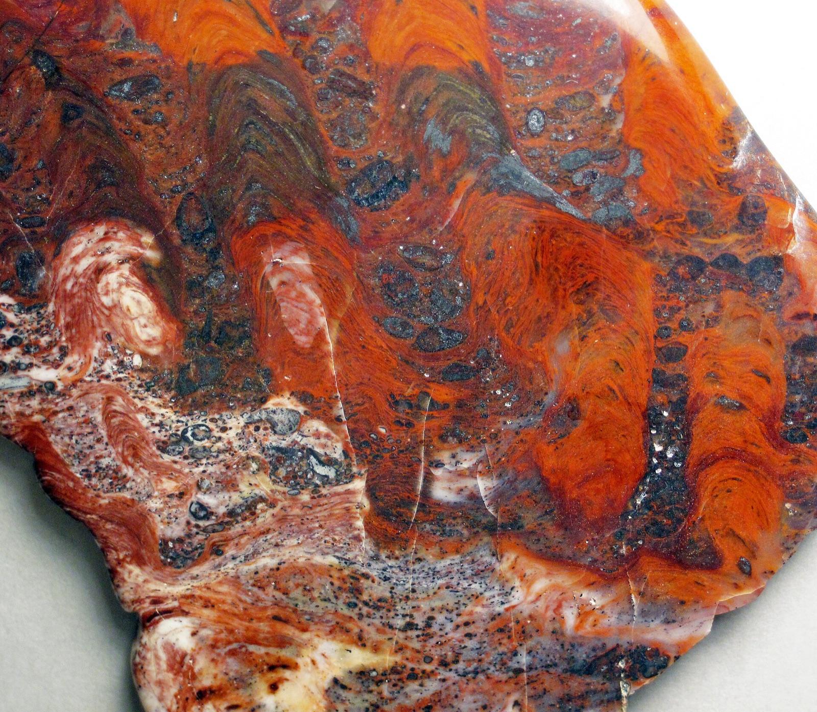 Cut surface of Mary Ellen jasper, stromatolitic ferruginous chert from the Mesabi Iron Range, Minnesota