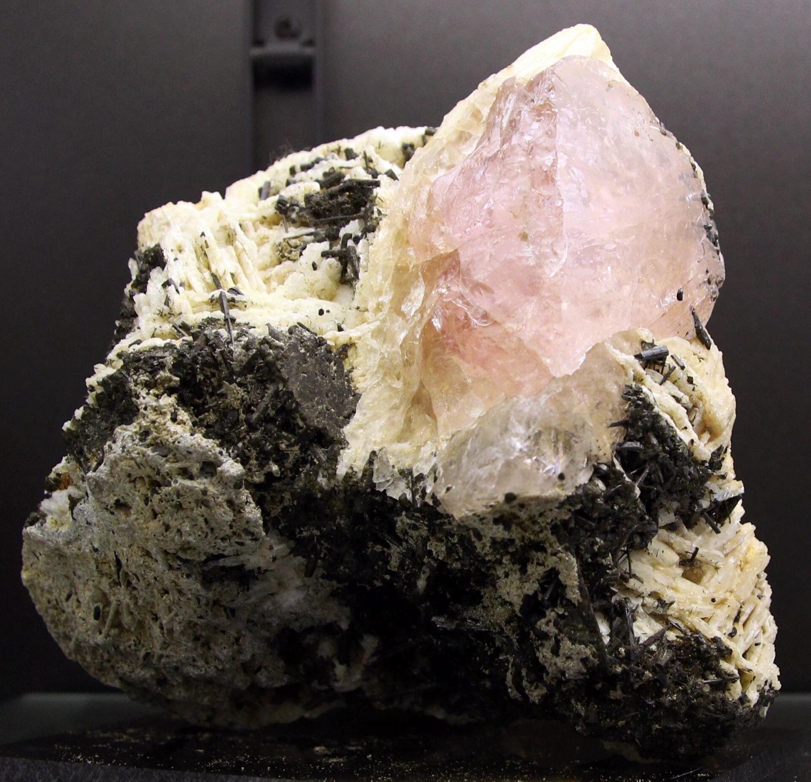 Pink morganite crystal on white albite with black tourmaline, Brazil
