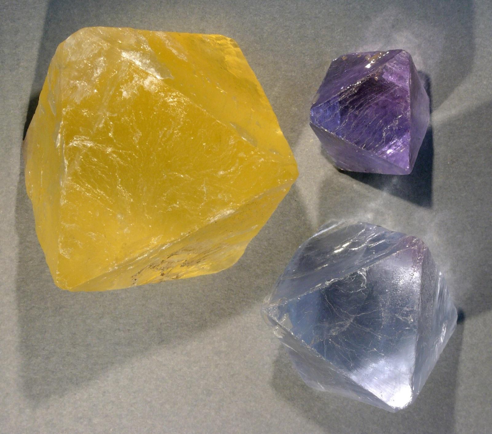 Yellow, purple and colorless fluorite octahedrons