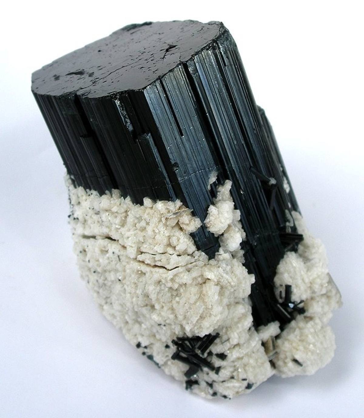 Schorl crystal on albite, Pala District, California