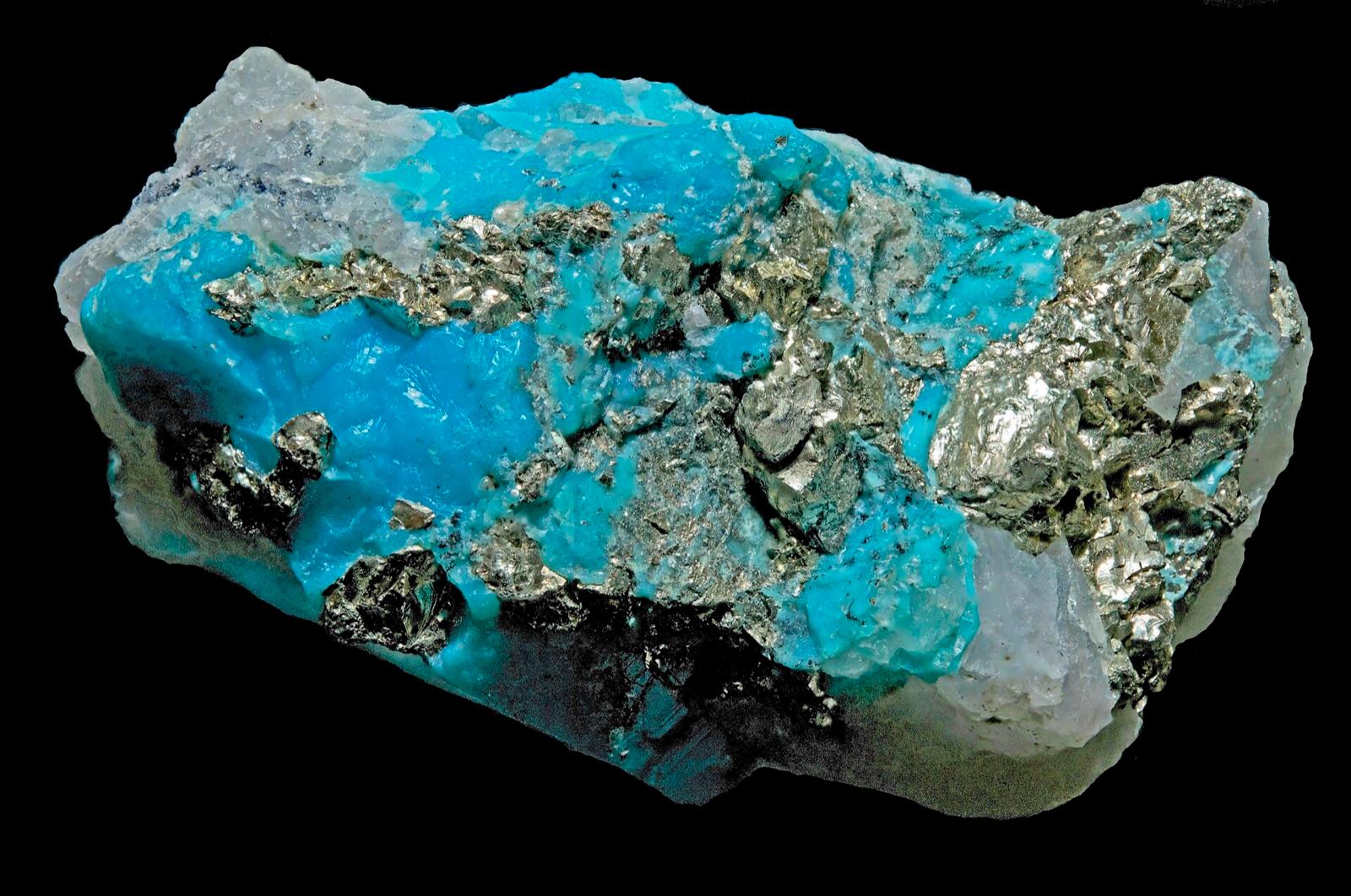Sky-blue turquoise with pyrite and quartz from the Sleeping Beauty Mine area, Globe-Miami District, Arizona