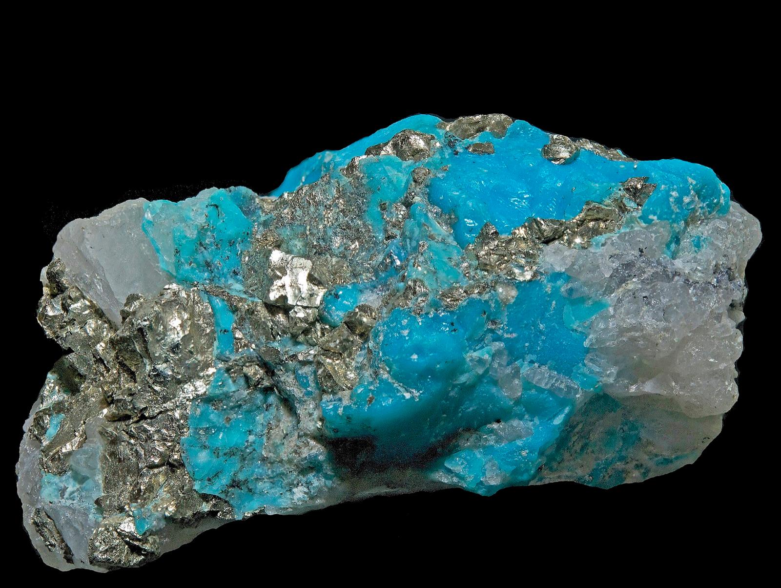 Second view of the same Sleeping Beauty Mine turquoise specimen with pyrite and quartz