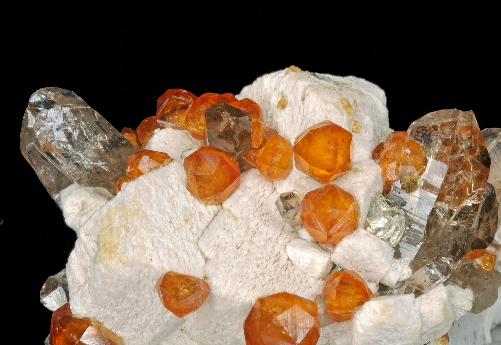 Orange spessartine garnets on white microcline with smoky quartz, Wushan mine, Fujian, China