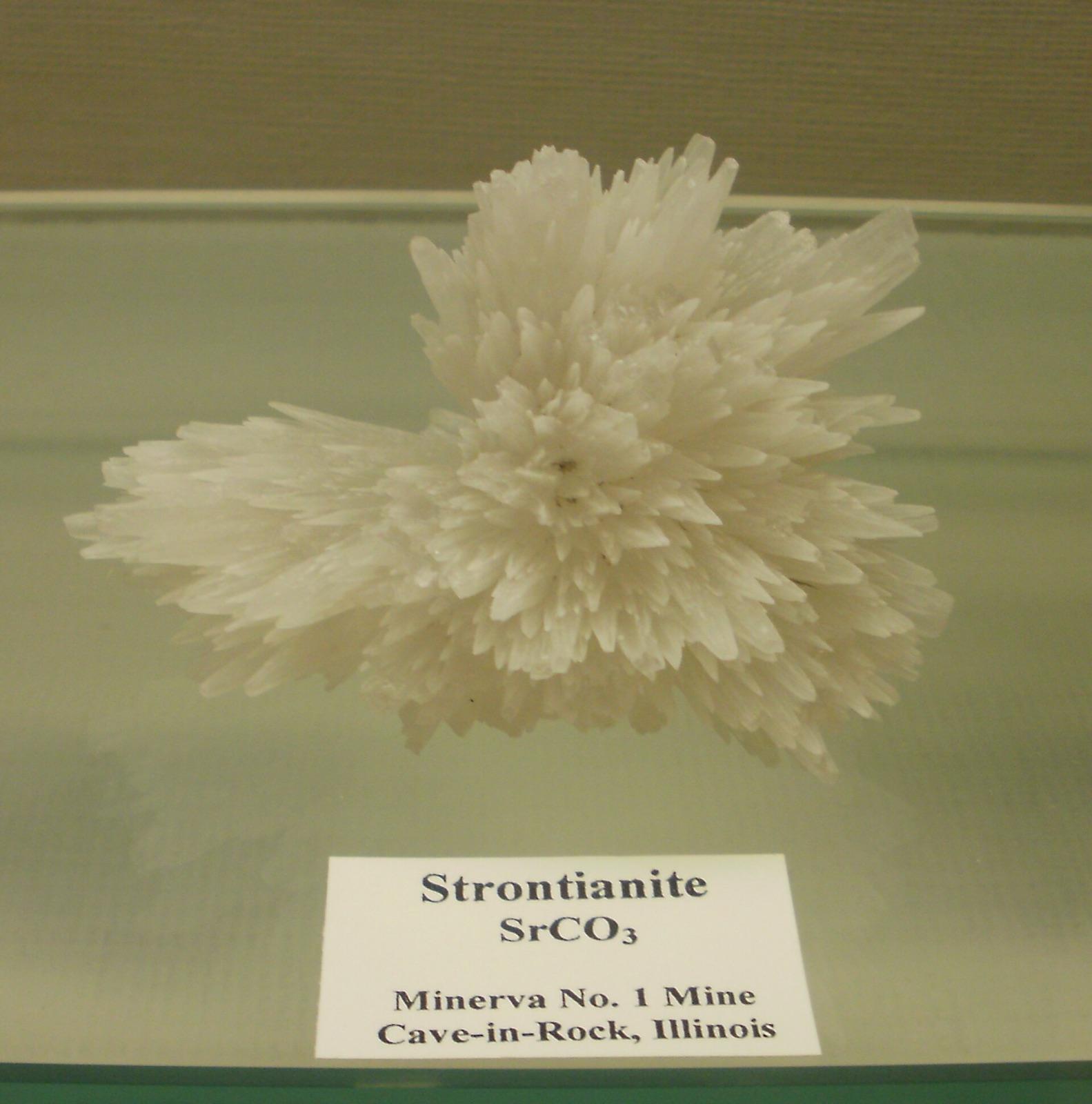 Radiating spray of white strontianite crystals from the Minerva No. 1 Mine, Cave-in-Rock, Illinois