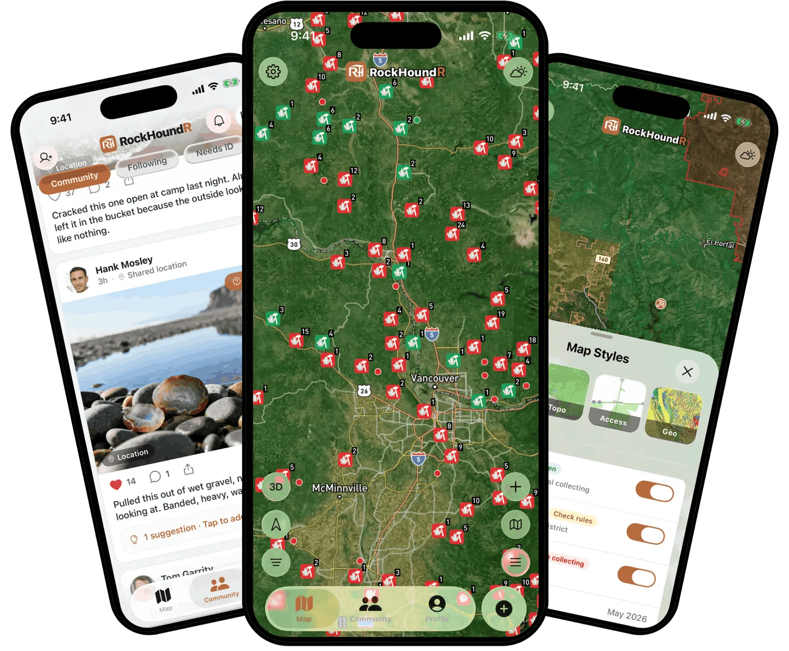 RockHoundR app screens: a rockhounding map with nearby spots, a spot detail view with geology and land status, and a community feed of shared finds