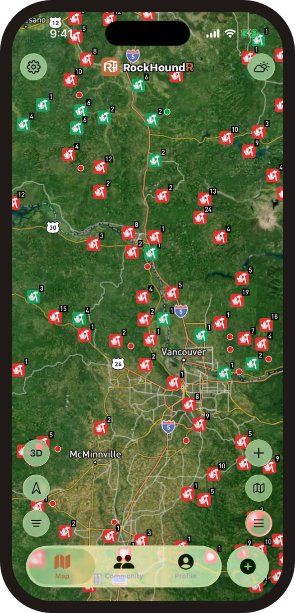 RockHoundR map screen showing rockhounding spots nearby